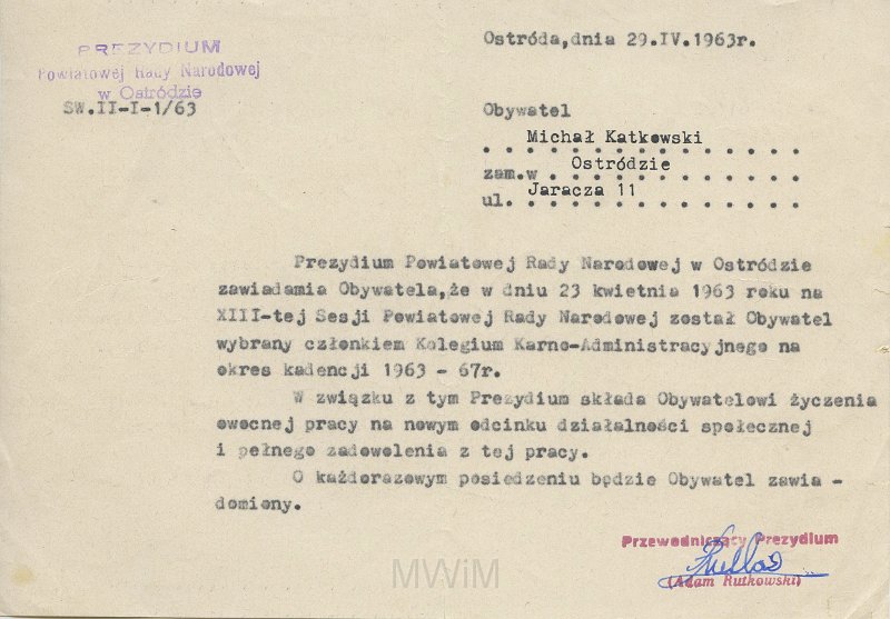 KKE 5565.jpg - Dok. Pismo Prezydium Powiatowej Rady Narodowej do Michała Katkowskiego dotyczące wybrania na członka Kolegium Karno-Administracyjnego w kadencji 1963/67 r., Ostróda, 29 IV 1963 r.